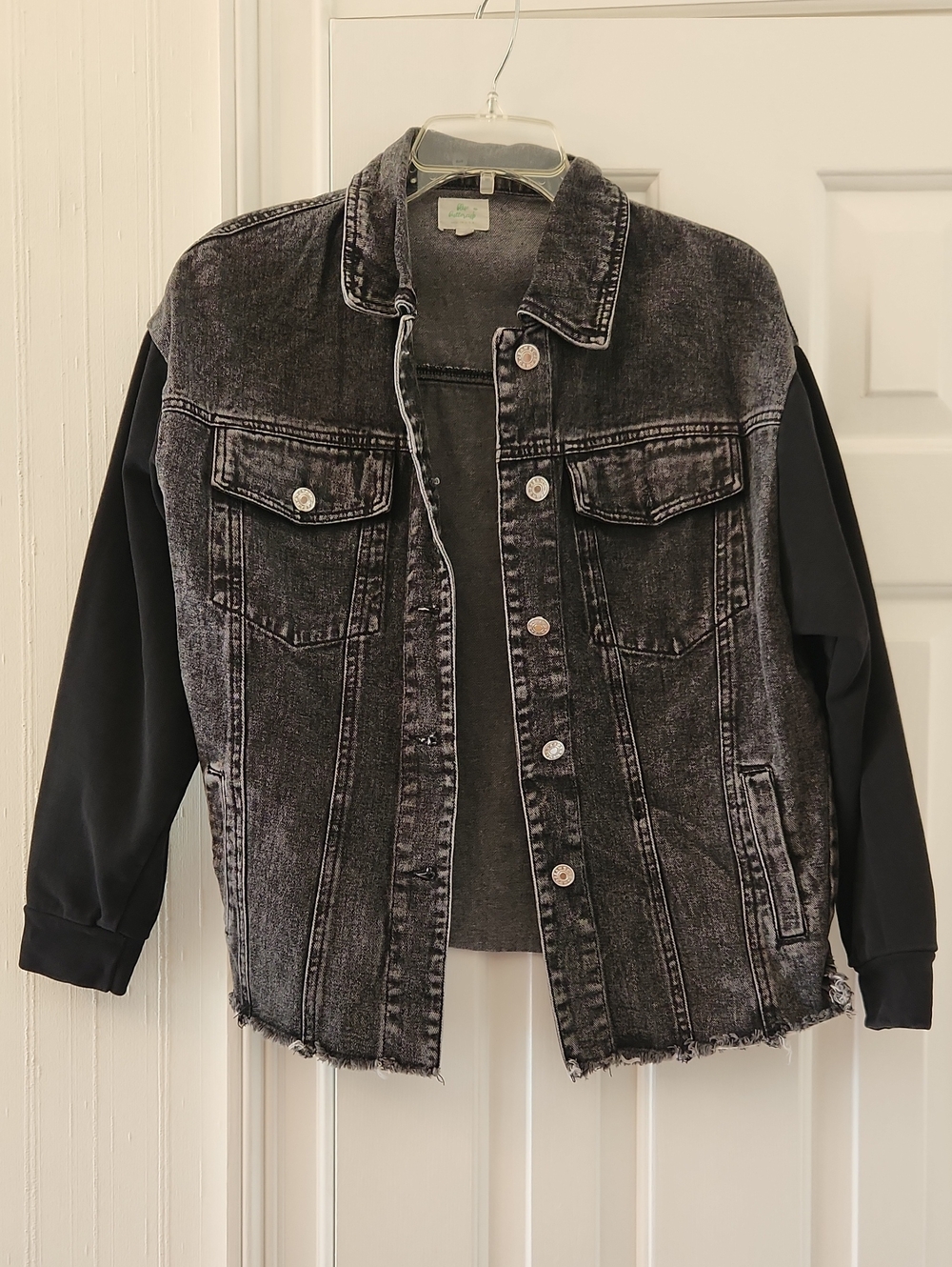 Washed Black Denim Jacket with Black Sweatshirt Sleeves Missing Detachable Hood